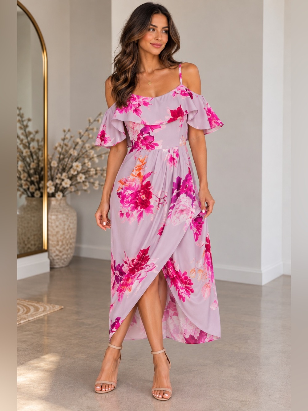City Chic Size 16 NWT Pink Floral Cold Shoulder Ruffle Wrap Midi Dress